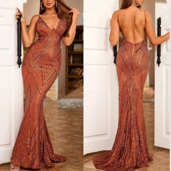 Luxe mermaid hem backless party formal wedding sequin gown dress - Picture 13 of 14